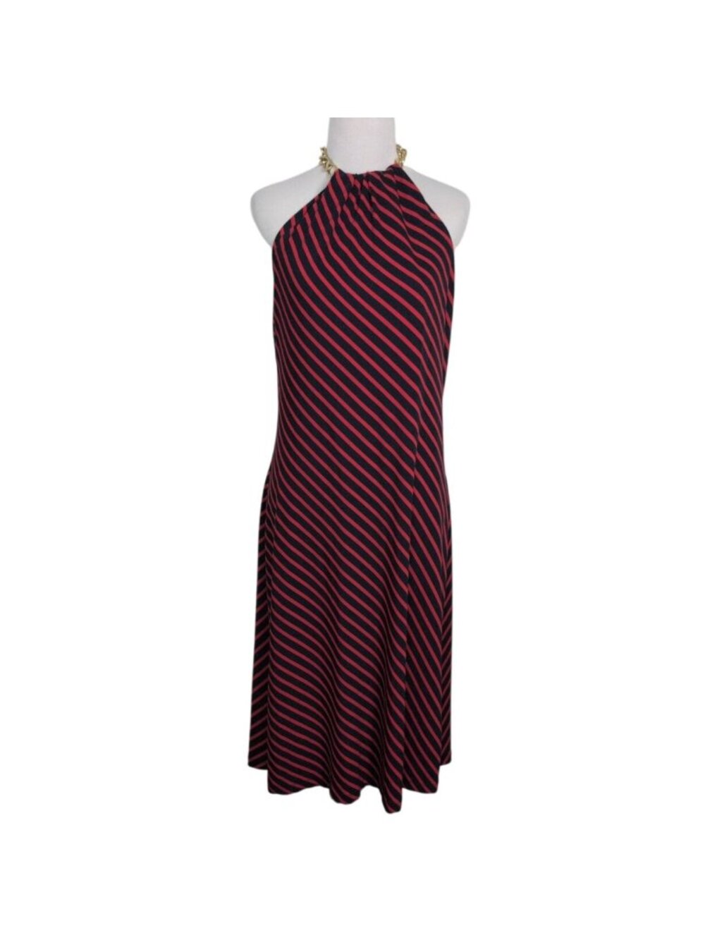 Lauren Ralph Lauren Halter Midi Dress Womens Size 8 Blue Red Shelf Bra Preppy